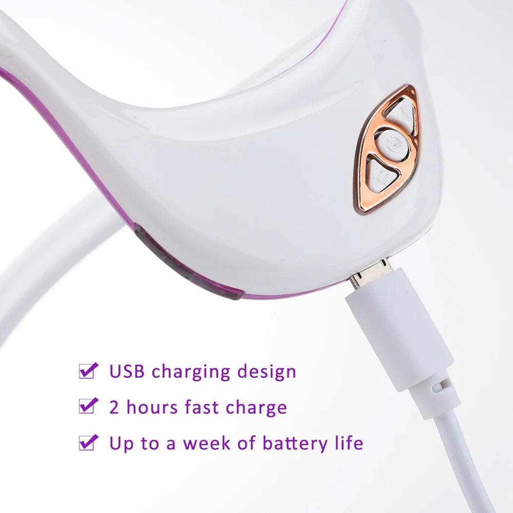 The LED Electric Eye Massager with the devices charging cord pluged in. Content stating "USB charging design, 2 hours fast charge and up to a week of battery life."