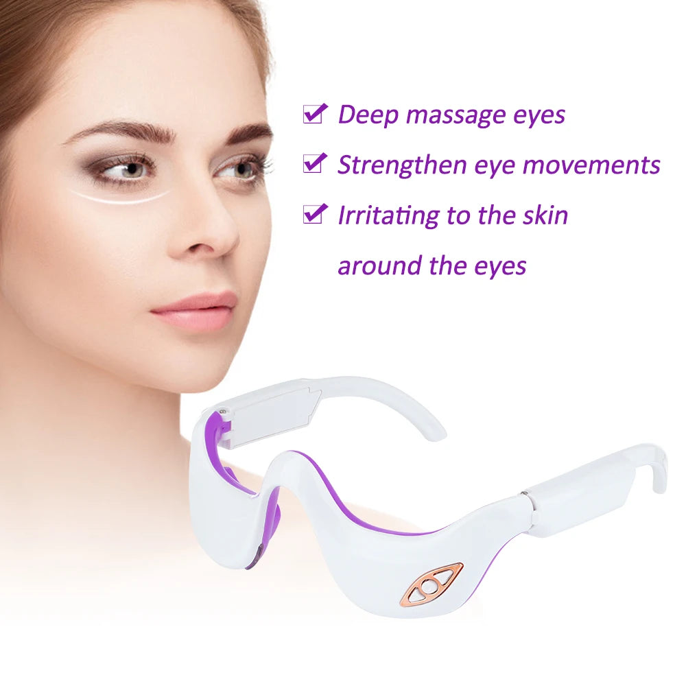 A women with a line under her eye showing where the LED Electric Eye Massager is effective. A diagonal view of the device on the bottom right. Content stating "Deep massage eyes, strengthen eye movements, irritating to the skin around the eyes."