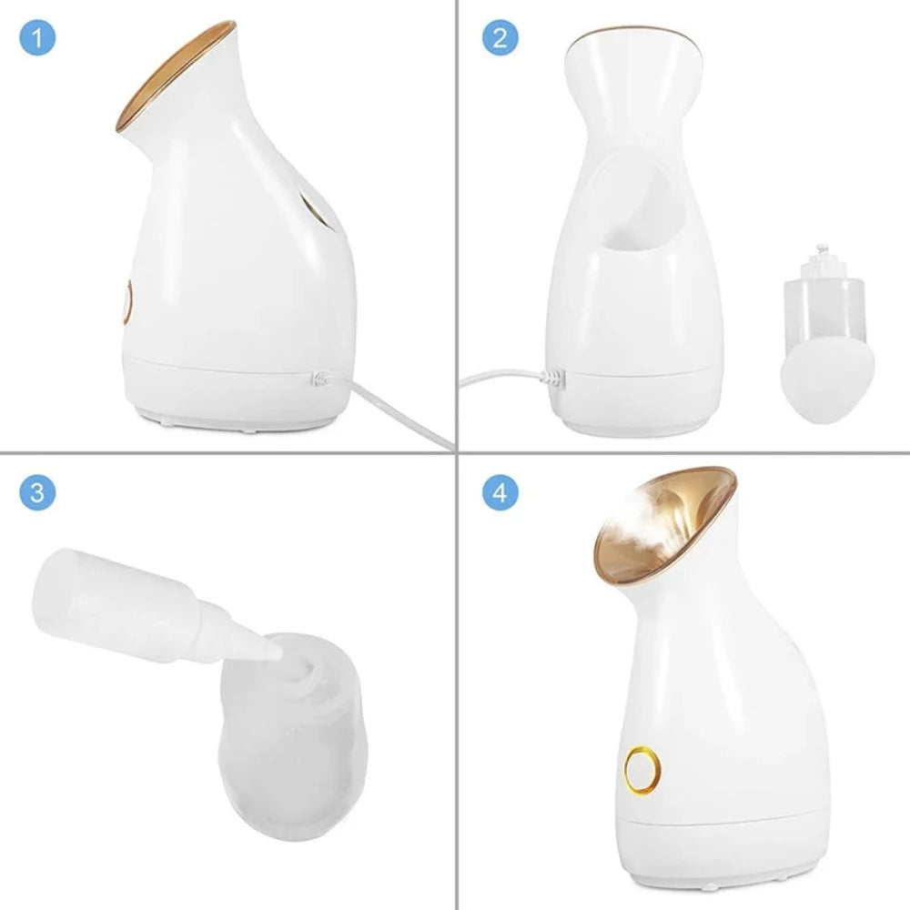 4 graphics of the Nano Ionic Facial Steamer facing different angles, with its charger and cord and also blowing hot mist.