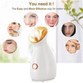 The Nano Ionic Facial Steamer and 6 graphics of women's face showing the before and after photos of using the device.