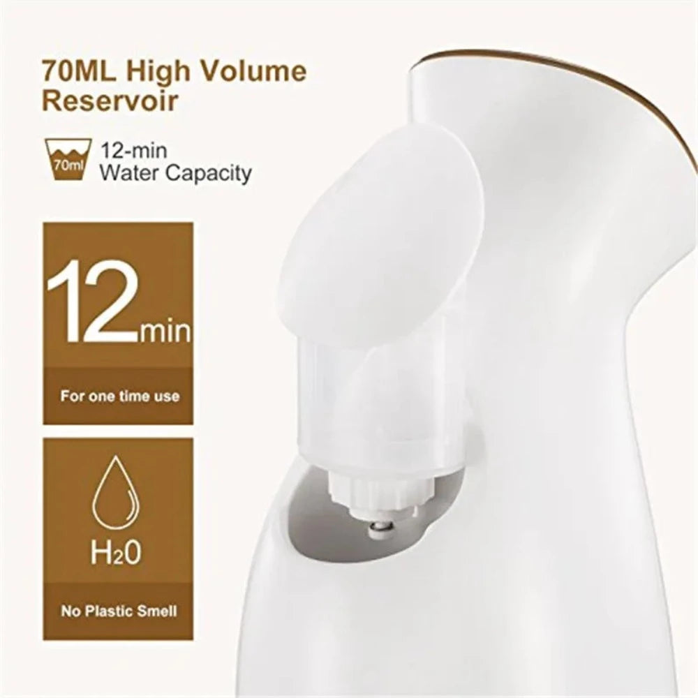 Graphic showing the Nano Ionic Facial Steamers large 70ml water tank popping out of the device. Depicting the time of 12 minutes allowed for optimal steaming time.