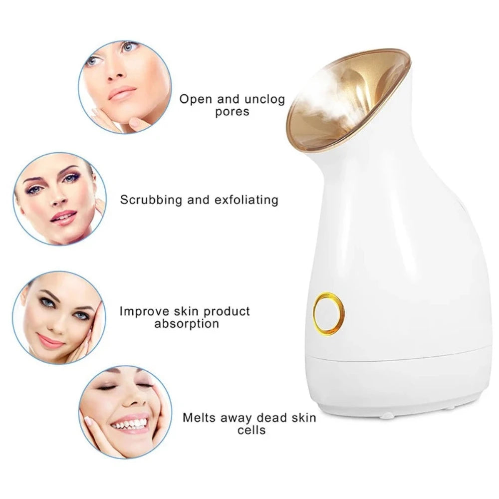 The Nano Ionic Facial Steamer producing a hot mist. 4 graphic of women's faces showing, open and unclogged pores, scrubbing and exfoliating, improved skin product absorption and that it melts away dead skin cells.