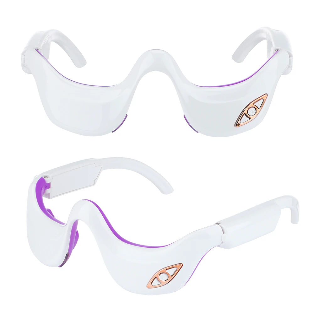 A front on view of the LED Electric Eye Massager on the top half with a diagonal view of the device on the bottom half.