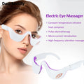 A women wearing the LED Electric Eye Massager and also a diagonal view of the device in the bottom right corner. Content stating 