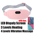 A pink Abdominal Heating Pad with its box packaging in the bottom right corner. Text stating - LED display screen, 3 levels heating and 4 levels vibration massage.