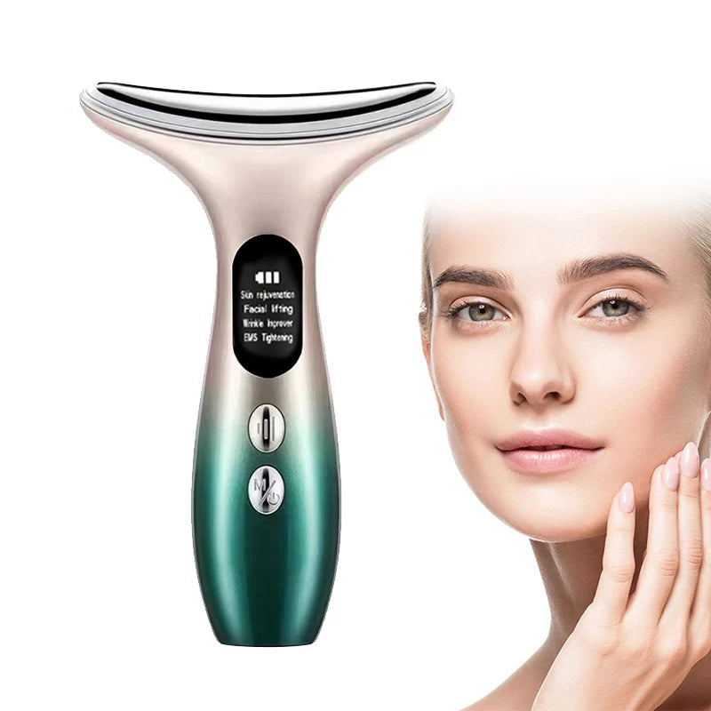 A women's face and hand on her chin on the right and the EMS Neck Face Firming Massager on the left.