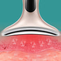 A graphic of the EMS Neck Face Firming Massager being used on flesh and arrowing showing the device radiate through.