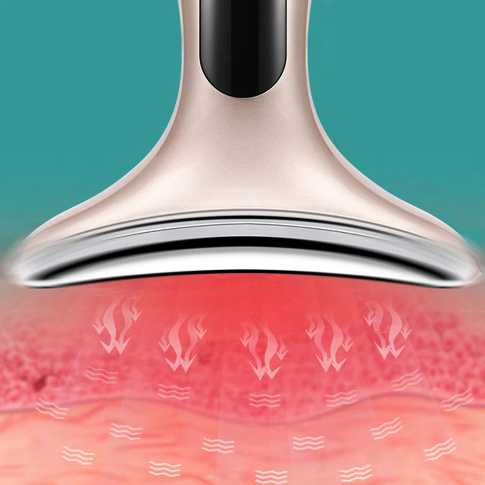 A graphic of the EMS Neck Face Firming Massager being used on flesh and arrowing showing the device radiate through.