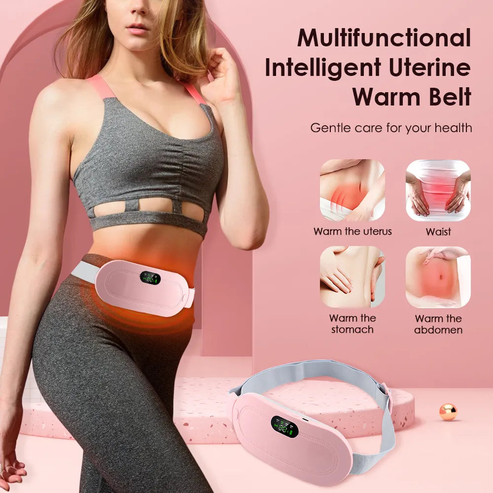 A women in grey active wear wearing a pink Abdominal Heating Pad. 4 graphics depicting how the device warms the uterus, waist, stomach and abdomen. Another picture of the Abdominal Heating Pad device below.