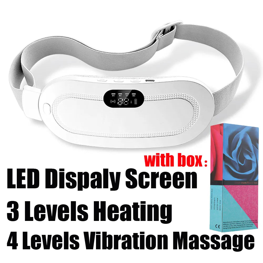 A white Abdominal Heating Pad with its box packaging in the bottom right corner. Text stating - LED display screen, 3 levels heating and 4 levels vibration massage.