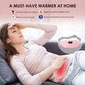 A women lying down on a couch with her eyes closed and her hand on her head, her other hand on the Abdominal Heating Pad which is around her waist. A graphic of the device just above her waist. 4 small graphics depicting how the device promotes bllod circulation, repels the cold and keeps you warm, relieves menstrual pain and improves backaches and lumbar pain. 